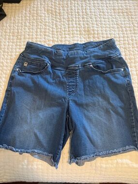 Belle by Kim Gravel Dark Blue Stretch Denim Shorts with Frayed Hem